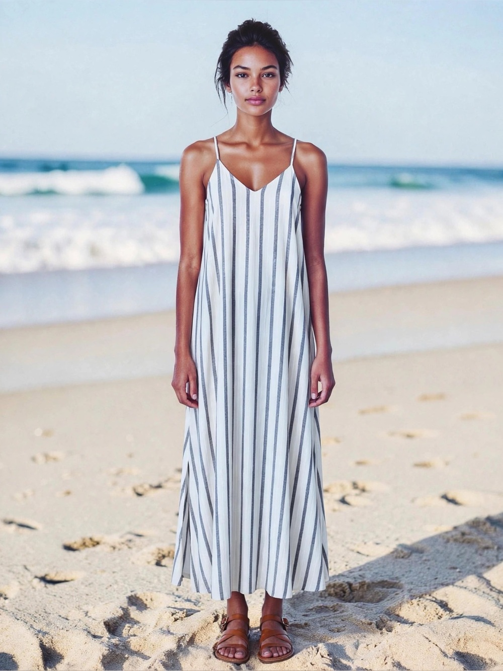 NWT Vince Camuto Striped Linen Blend Maxi Size S White Blue Slip Beach Dress